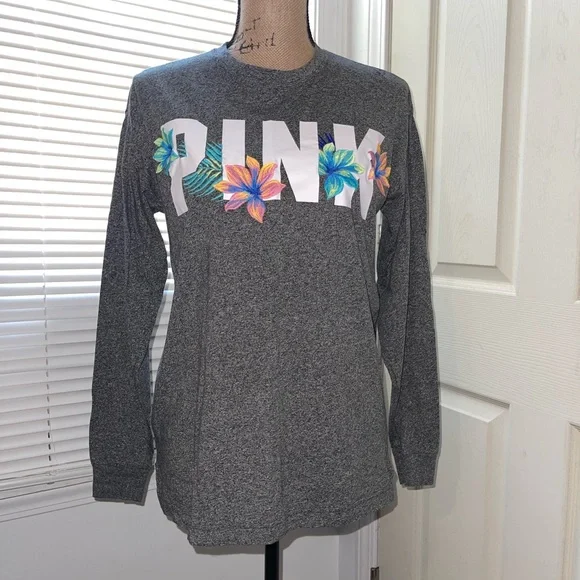 PINK Victoria's Secret Gray Top with Colorful Floral Design - Picture 2 of 4